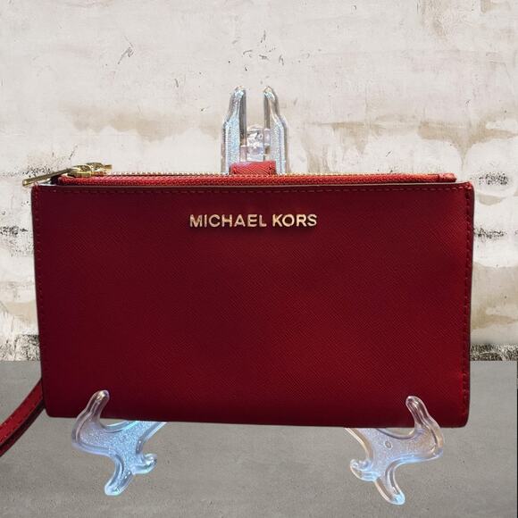 Michael Kors NWOT Adele Leather Double Zip Wristlet Wallet in Red - Picture 1 of 8